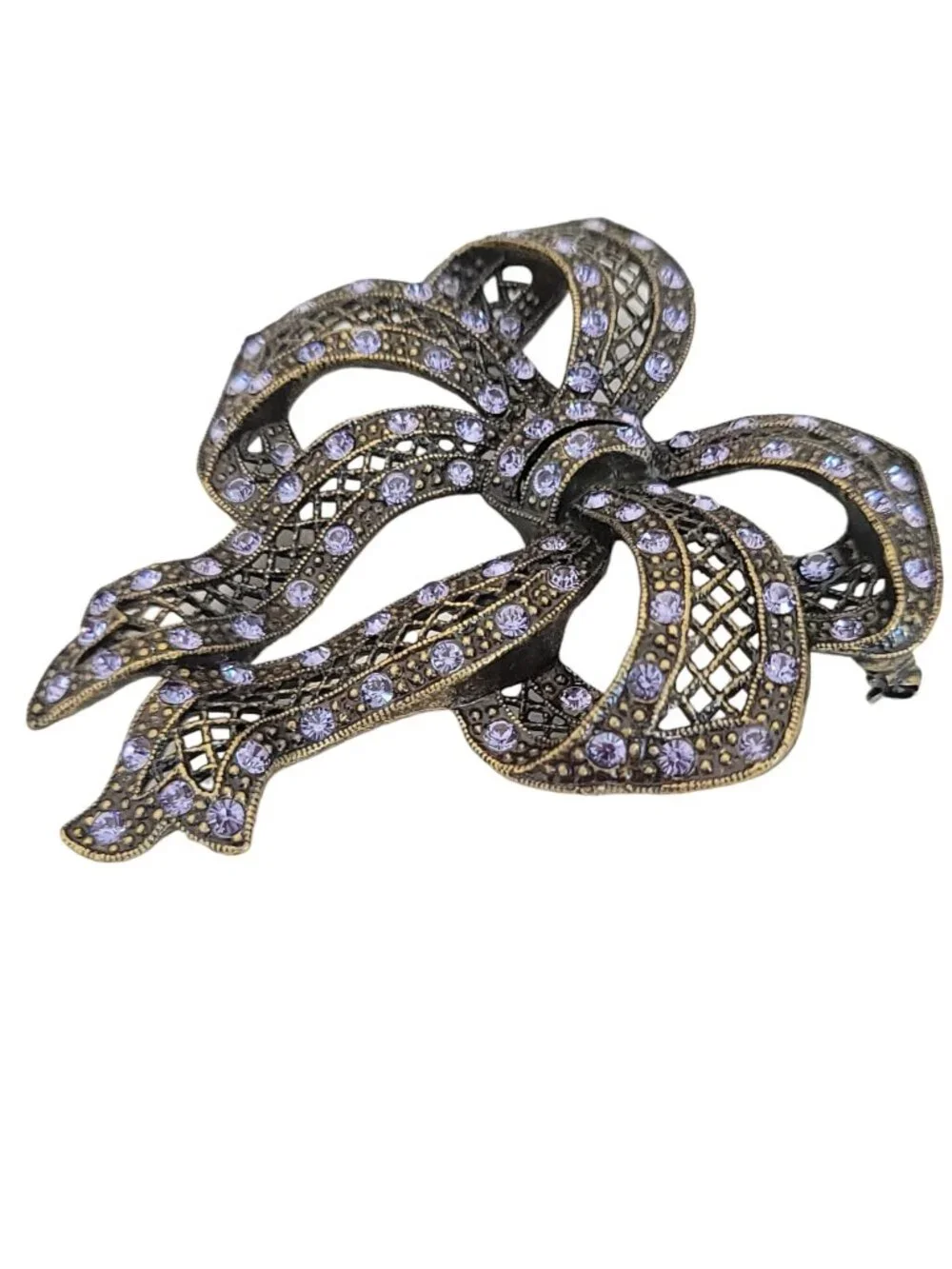 Sweet Romance Bronze Tone Purple Rhinestone Bow Brooch, Signed K354